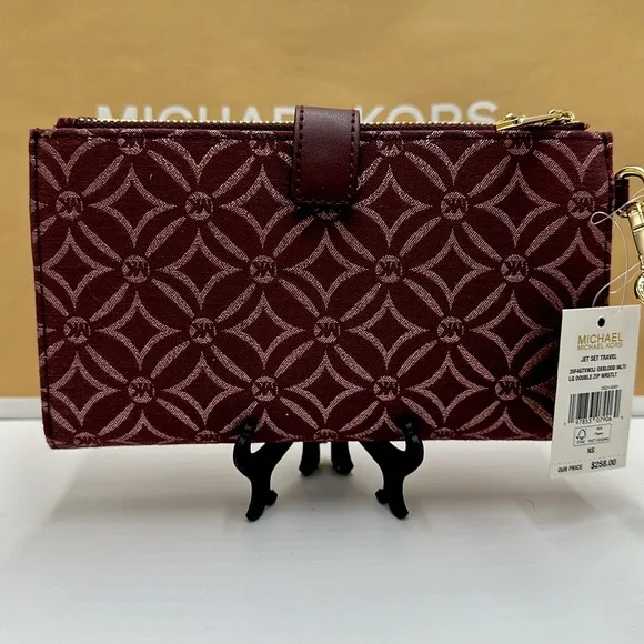 Michael Kors Jet Set Travel Lg Double-Zip Wristlet-Wallet-PhoneHolder Oxblood